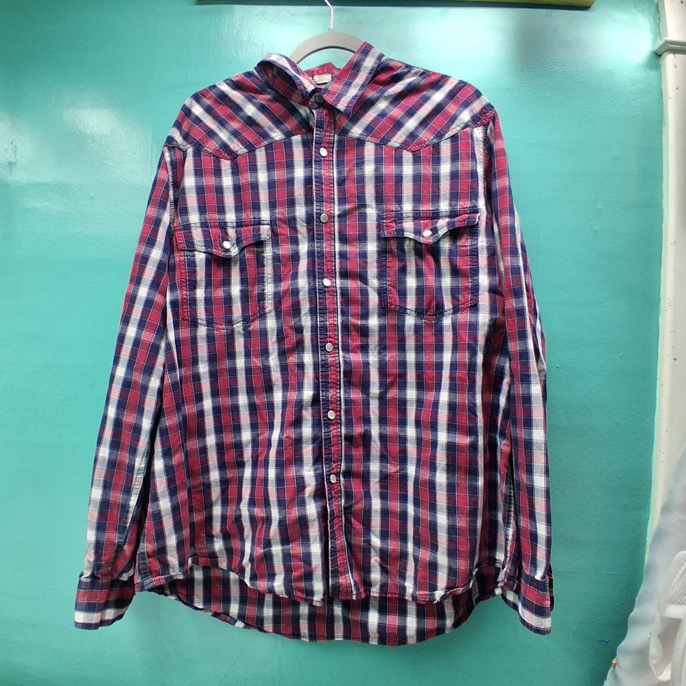 Club Room Western Pearl Snap Shirt XXL Red Blue Plaid Cotton Americana Cowboy